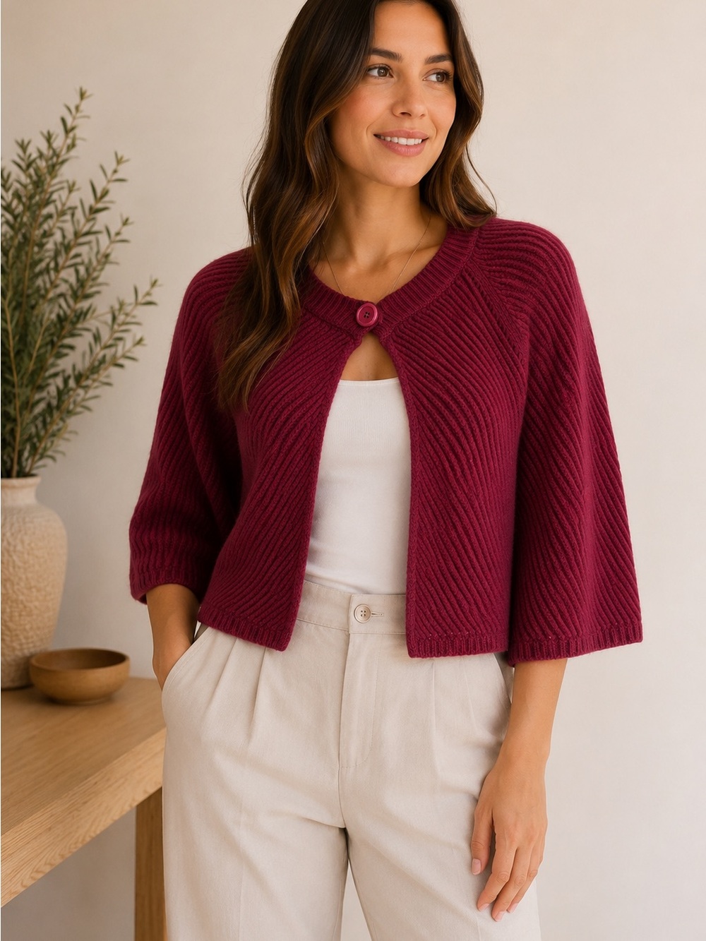 MaxMara Cropped Ribbed Cardigan Burgundy One Button Wool Size L - Picture 9 of 9